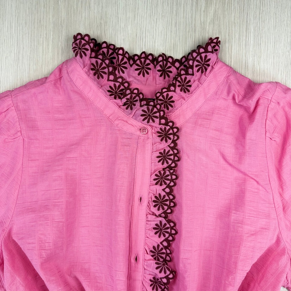 Talbots Pink Cotton Embroidered Eyelet Collar Blouse XL Long Sleeve Smocked Cuff - Picture 3 of 8